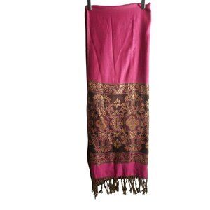 Fuchsia Brown Gold Ornate Paisley rectangle woven scarf w/ knotted fringe